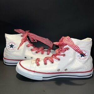 Converse floral embroidered with red gingham fat laces. Big kids Size 5 NWOT